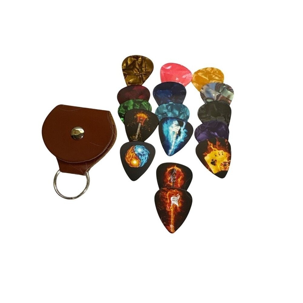 Guitar Pick Set‎ with Leather Keychain Holder Case 14 Pieces Multicolor Graphics